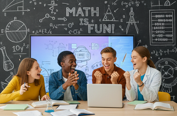 A group of students celebrating in a Maths classroom "Math is Fun!" written on the chalkboard. KhanTutoring believes that our expert, one-on-one maths tutoring is tailored to unlock every student’s potential.