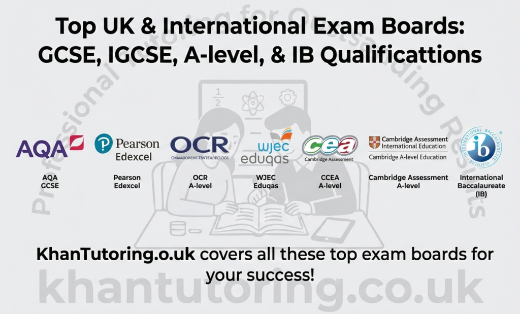 UK and International exam boards covered by khantutoring.co.uk including AQA, Pearson Edexcel, OCR, WJEC, CCEA, Cambridge, and IB.