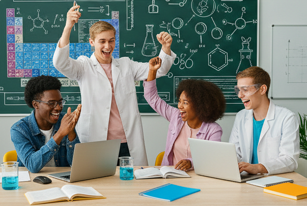 Students in lab coats celebrating a successful experiment. This is the philosophy of learning at Khantutoring which is about the knowledge makes young people confident and happy.