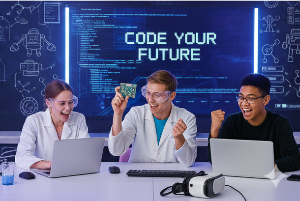 Students at khantutoring.co.uk excitedly learning to code with a "Code Your Future" digital backdrop