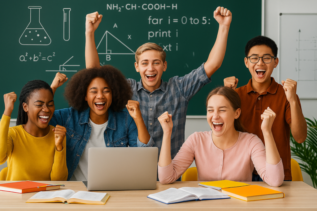 A diverse group of five students cheering with raised fists in front of a classroom chalkboard after recieving expert, one-on-one elite tutoring tailored to unlock every student’s potential by KhanTutoring